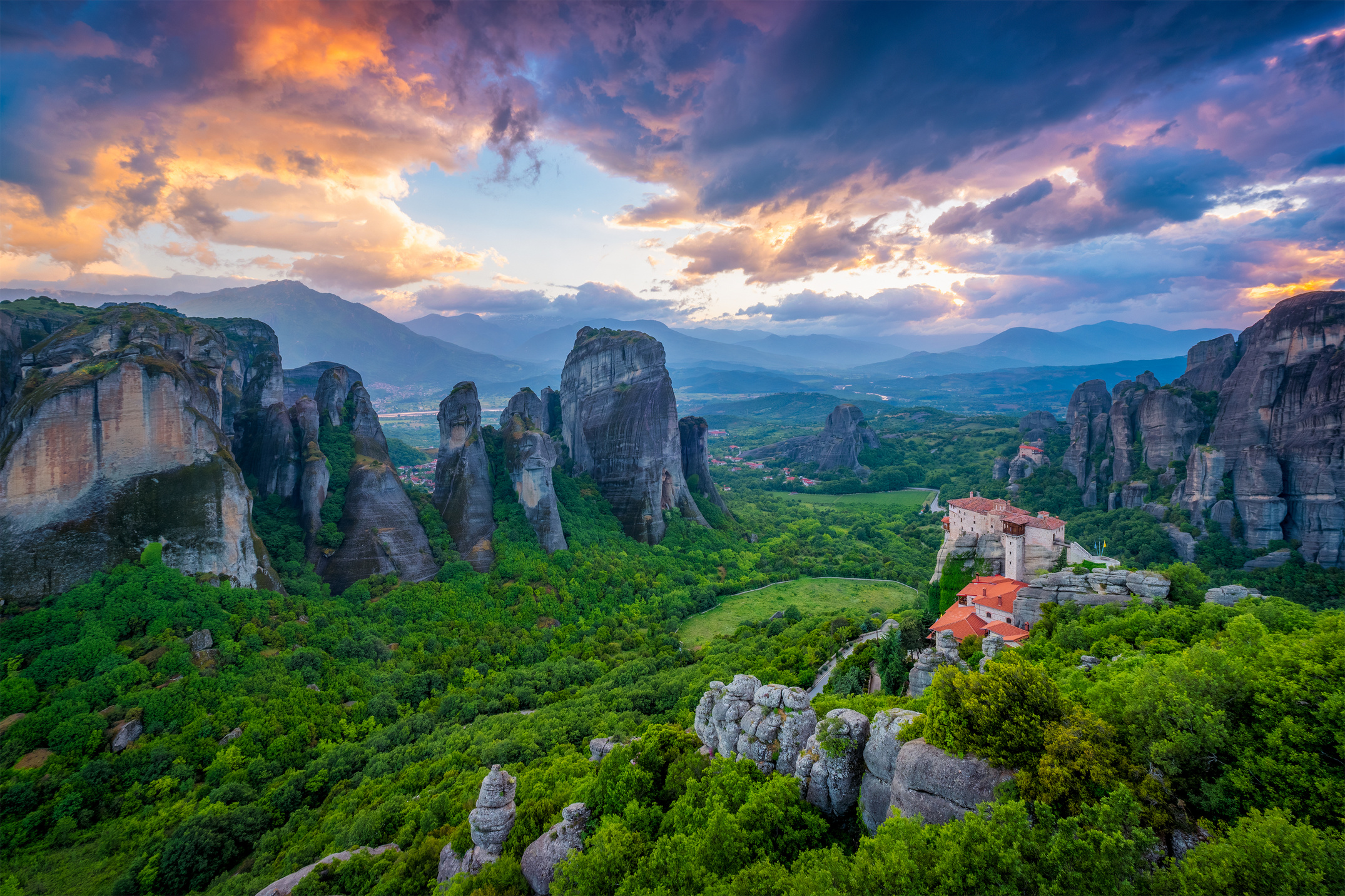 Sunset Sky and Monasteries of Meteora View